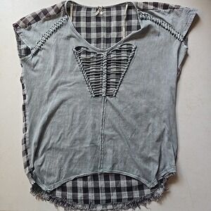 BKE Gimmicks‎ Top Size XS Blue Distressed Cap Sleeve Plaid Back V Neck Shirt
